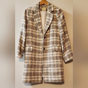 Elie Tahari Tweed Plaid Long Coat Blazer Cream and Black M